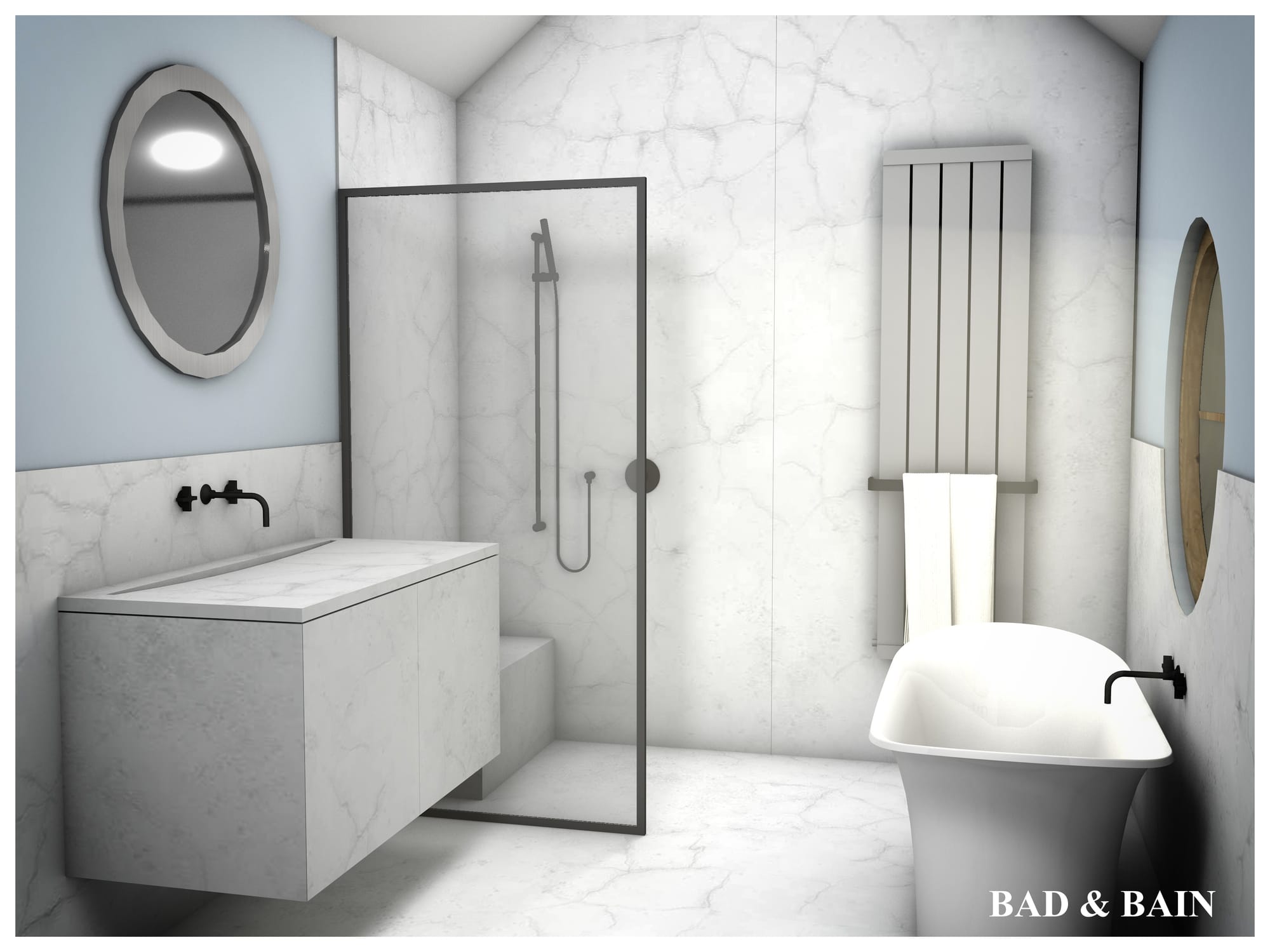 Witte badkamer met ligbad en douche